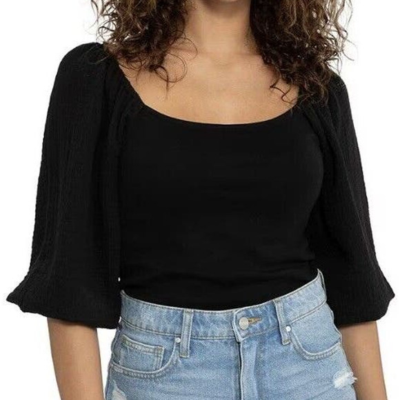 Sanctuary Short Puff Sleeve Mixed Media Top In Orange Size Medium - Picture 6 of 8